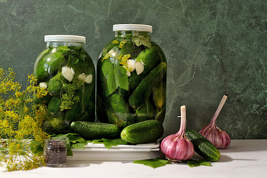 Jarred cucumbers with dill, garlic, and pickling leaves on the kitchen counter. Harvest concept. Homemade pickle recipe and ingredients. Home canning concept. Healthy and natural food.