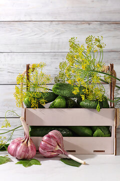Cucumbers in a basket with dill, garlic, and pickling leaves on the kitchen counter. Harvest concept. Homemade pickle recipe. Cucumbers and pickling ingredients. Home canning concept.