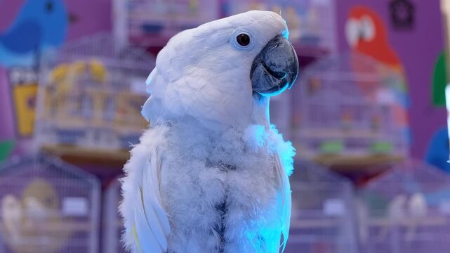 White parrot looking around curiously outdoor. white parrot, vertical video of a white parrot with owner. fun with white parrot,
