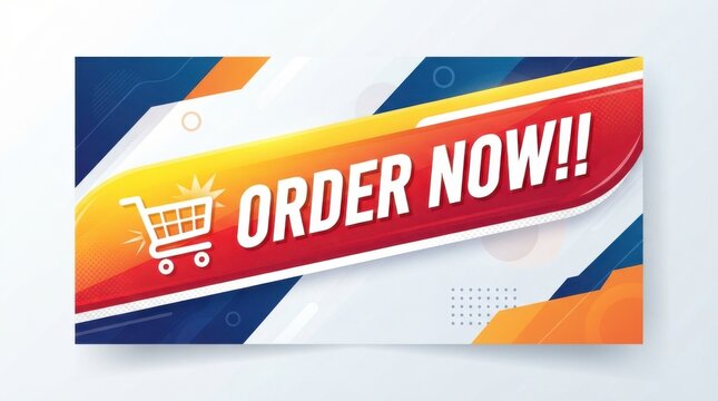 Shopping cart illustration with order now text on a vibrant abstract background basket retail purchase consumer commerce checkout vector