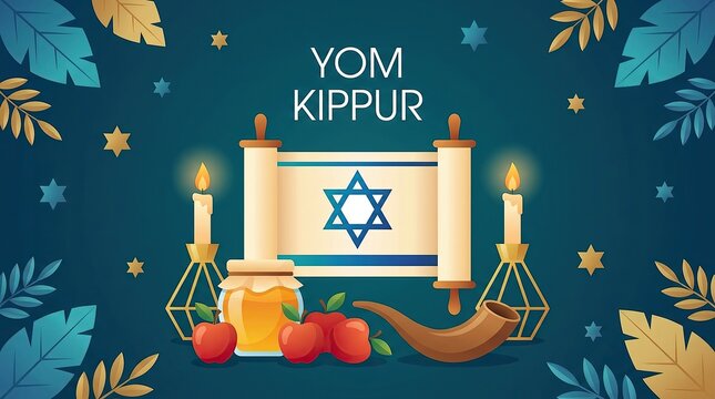 Yom kippur greeting card illustration featuring scroll honey apples