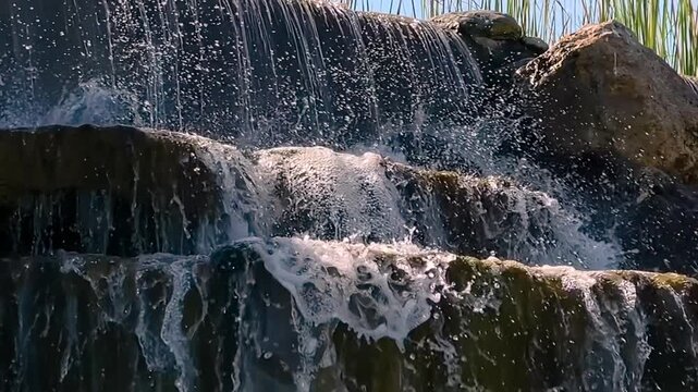 Decorative waterfall with water splashing over rocks in a park in Istanbul in slow motion, illuminated by warm sunlight. Flowing streams and sparkling drops. Nature, slowmo and relaxation concept