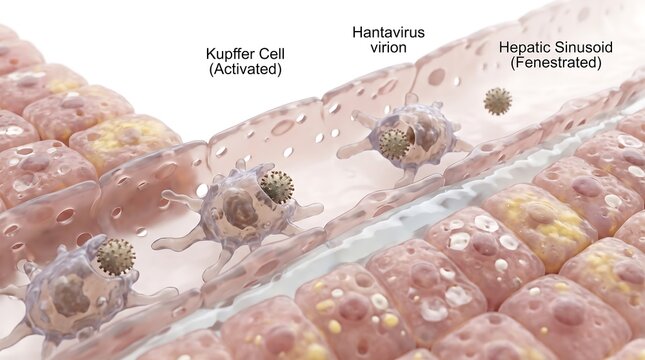 Activated kupffer cell and hantavirus infection in hepatic sinusoid blood vessel