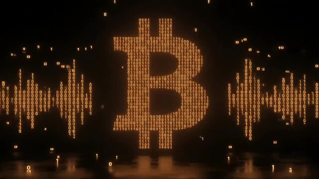 Bitcoin symbol formed by flowing golden binary code sequences in motion digital animation abstract corporate technology video background scene