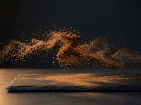 A dynamic cinnamon clash featuring aromatic spice powder suspended mid-air in a dramatic dark culinary shot