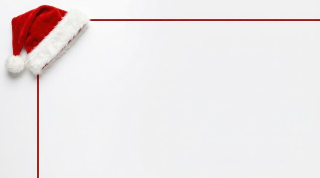 A red santa claus hat rests in the corner of a white background winter holiday festive christmas redhat velvet
