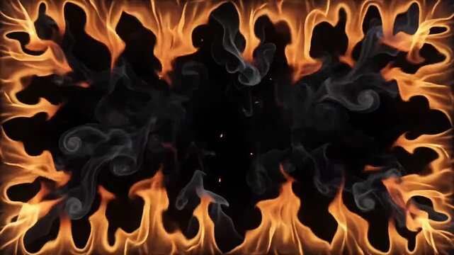 Fire frame border motion video showing swirling orange flames and dark rolling smoke for intense cinematic transition digital overlay footage