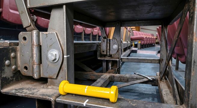 Close up view under auditorium bleacher seating showing steel frame, heavy hinge mechanism and bright yellow locking pin with wrench. Maintenance of seating structure in educational facility