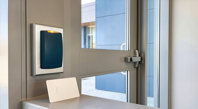 School entrance security card reader with glowing amber light and blank white access keycard on counter. Modern building doorway with RFID electronic access control system for safety security