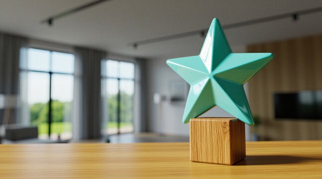Teal star figure rests on wooden cube atop table surface in modern living room. Bright interior space features soft blurred background with house furniture. Minimalist decor object success, quality
