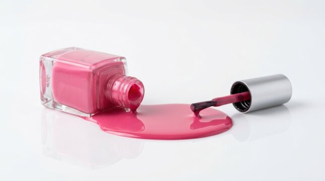 Spilled pink nail polish with glass bottle and brush rests on a white surface nailpolish varnish enamel manicure pedicure