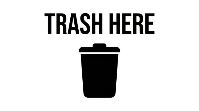 Black trash can silhouette stands against a white background with accompanying text trashcan wastebasket bin rubbishbin dustbin container receptacle