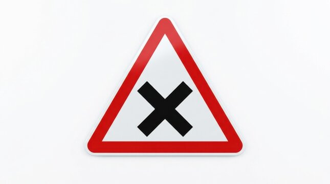Triangular warning sign with black cross depicts a road hazard or intersection traffic signage crossroads danger caution street triangle