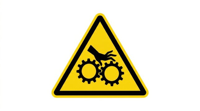 Warning sign depicting a hand caught in gears against a yellow background hazard caution danger cogwheels machinery industrial safety