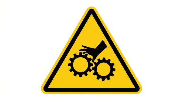 Warning sign depicting a hand near rotating gears on a yellow background hazard caution danger cogs machinery industrial equipment