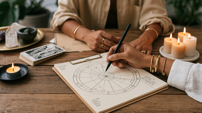 Astrologer calculating a natal chart beside tarot cards, crystals and candles, astrology consultation, horoscope reading, fortune prediction, esotericism, spiritual guidance, top