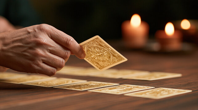 Close-up of hands selecting one face-down tarot card from a carefully arranged spread, intuition, destiny, fortune telling, spiritual guidance, divination, dramatic candlelight,