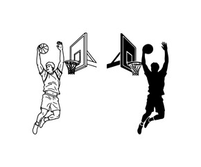 Basketball Player Dunking, Silhouette and Line Art Vector Set, Sports Action Graphic © Mou
