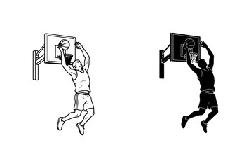 Basketball Player Dunking Silhouette, Line Art Action Sport Vector Graphic © Mou