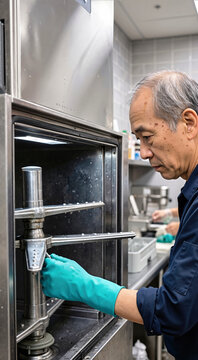 Cafeteria worker wearing protective rubber gloves inspecting stainless steel commercial dishwasher spray arm in institutional kitchen. Maintenance technician servicing industrial appliance
