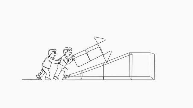 Animated line drawing of teamwork where businessmen push and pull an arrow up a ramp