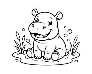 Cute cartoon hippo sitting in water with cattails black and white illustration