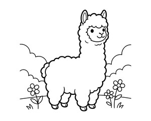 Naklejka premium Charming llama illustration with flowers and clouds in a simple black and white style