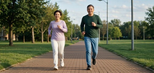 Obraz premium Joyful senior couple jogging together on a park path, embodying an active aging and healthy lifestyle.