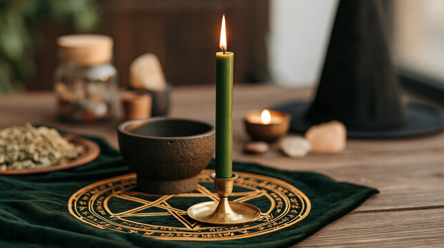 Small mystical altar decorated with a velvet cloth, candle, crystals, dried herbs and spiritual objects, witchcraft aesthetic, pagan-inspired decor, esotericism, meditation,