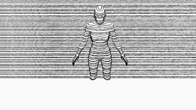 Abstract 3D human body scan animation revealing digital silhouette lines against monochrome background