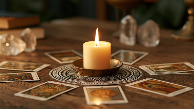 Tarot cards arranged in a circular spread around a glowing candle and several quartz crystals, mystical ritual, astrology, esotericism, spiritual meditation, fortune telling