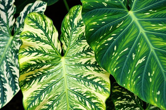 Close up of rich Alocasia plant leaves showing intricate patterns and textures. Vibrant green foliage with cream variegation provides a tropical feel. Healthy leaves grow in garden.