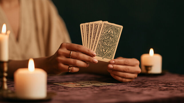 Fortune teller holding a selection of tarot cards above a purple velvet table surrounded by candles, destiny, divination, astrology, spiritual consultation, mysterious atmosphere,