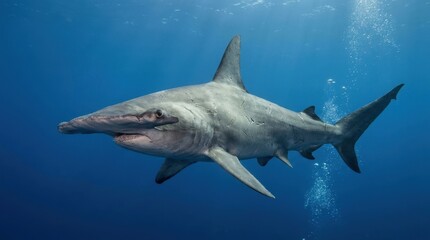 Fototapeta premium A majestic great hammerhead shark swimming through the crystal clear deep blue ocean water, providing a stunning wildlife portrait of an endangered marine predator