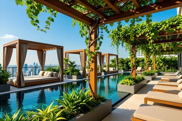 Fototapeta premium Rooftop infinity pool with cabanas and city view. Lush plants provide shade and privacy. Loungers await for ultimate relaxation. This is a luxurious urban oasis.