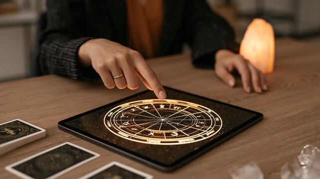 Astrologer pointing toward a glowing natal chart displayed on a tablet beside tarot cards and crystals, modern astrology, digital horoscope, spiritual consultation, esoteric