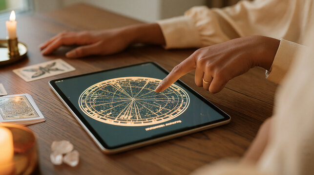 Astrologer pointing toward a glowing natal chart displayed on a tablet beside tarot cards and crystals, modern astrology, digital horoscope, spiritual consultation, esoteric