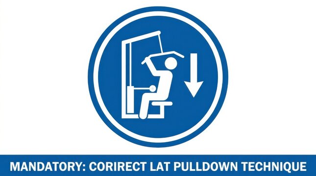 Lat pulldown exercise instruction sign with a person and arrow blue vector graphic fitness gym workout latpulldown technique whitebackground