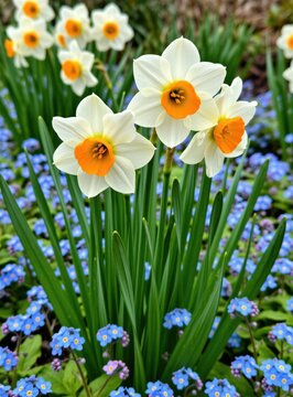 White daffodils with orange centers bloom in garden. Fresh green leaves surround spring flowers among small blue forget not petals. Nature grows under bright sunlight in park. Beautiful floral