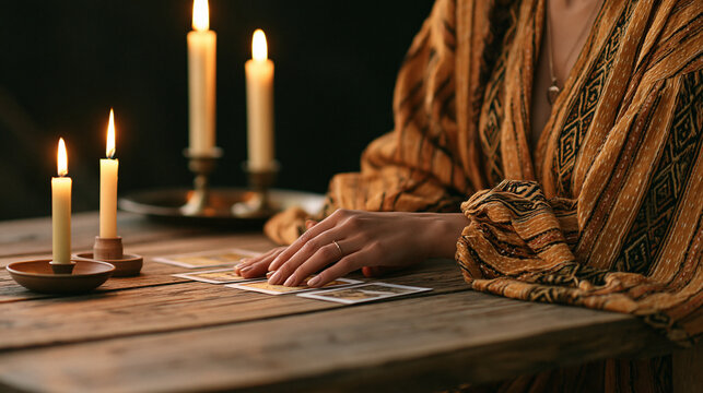 Fortune teller studying tarot cards on a rustic wooden table illuminated by candles, divination, spiritual consultation, astrology, mystical lifestyle, cozy occult atmosphere,