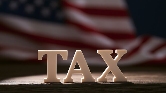 Wooden letters spell 'TAX' on a dark surface, with a blurry background featuring a flag-like textile pattern