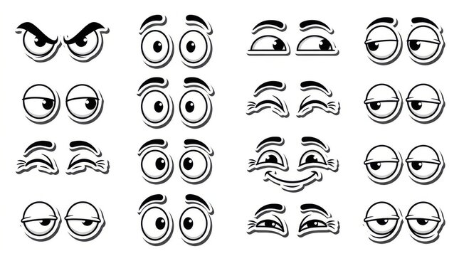 Collection of cartoon eyes with varying expressions in a black and white vector style graphic illustration black-and-white lineart eyebrows