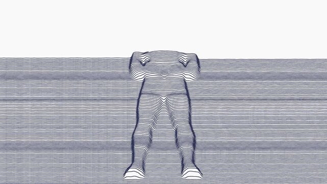 Futuristic digital animation of a standing man with Sun silhouette forming from scanning lines in motion