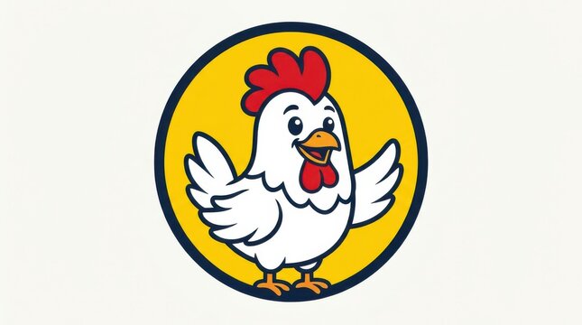 A cheerful white rooster is presented within a yellow circular graphic chicken fowl poultry bird cock farm agriculture livestock