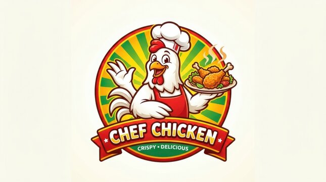 A cartoon chicken chef presents fried chicken on a plate within a circular emblem friedchicken poultry rooster culinary gastronomy