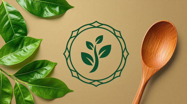 Organic green leaf logo printed inside circle on brown surface. Wooden spoon sits next to fresh plant foliage. Concept of sustainable food branding eco friendly kitchenware, healthy natural