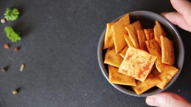 Cracker paprika flavor apero natural ingredients tasty snack fresh, delicious, gourmet food background on the table rustic food top view copy space