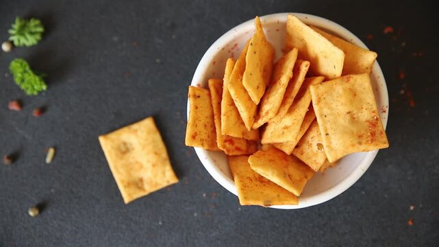 Cracker paprika flavor apero natural ingredients tasty snack fresh, delicious, gourmet food background on the table rustic food top view copy space