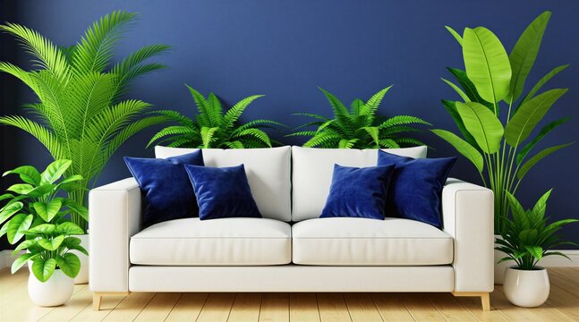 White sofa sits against deep blue wall in modern living room. Bright green indoor plants in white pots surround comfy couch with soft cushions. Cozy home interior design features stylish botanical