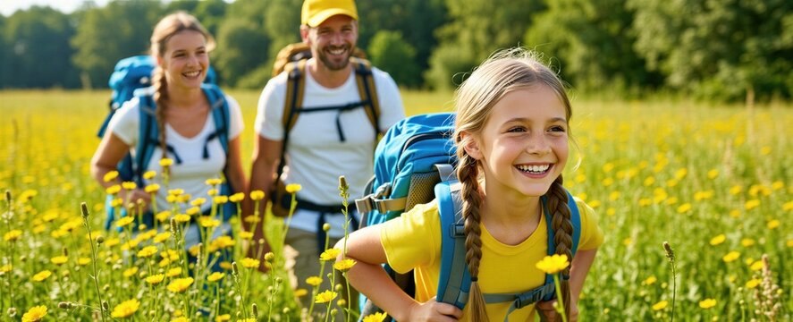 Happy family with children hike through sunny summer field of yellow wildflowers. Smiling parents, young girl wear backpacks during mountain trekking adventure. People explore nature, enjoy active
